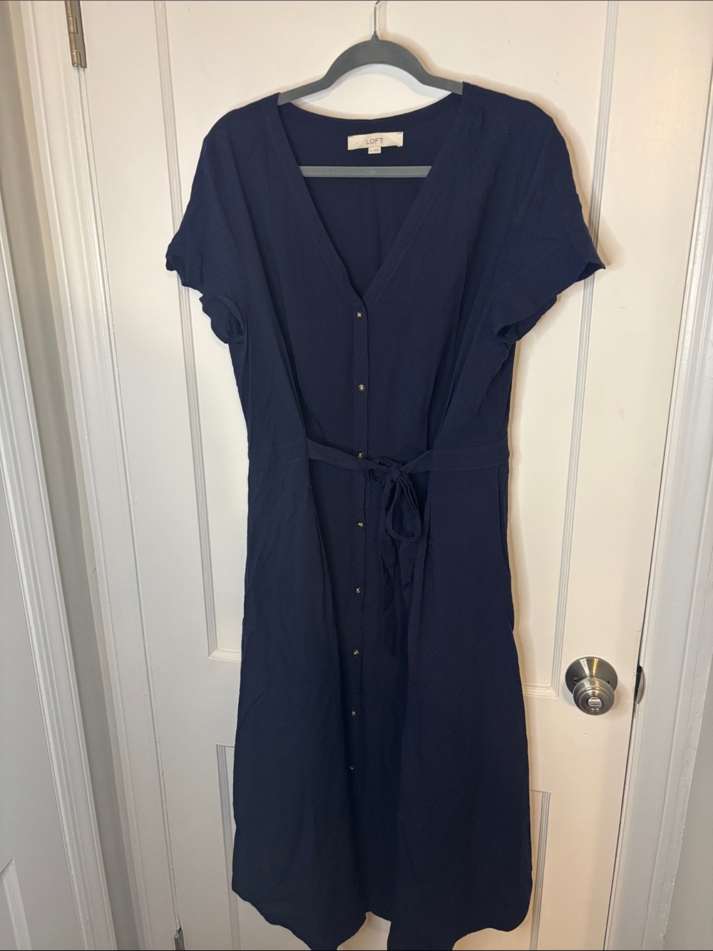 LOFT Navy Button-Front Tie-Waist Midi Dress
